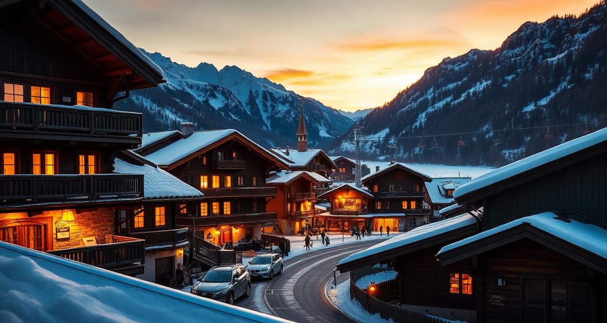 Pueblo alpino suizo al atardecer con chalets de madera y montañas nevadas