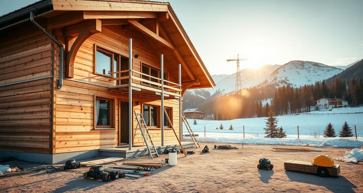 Obra de construcción de un chalet de madera en un paisaje alpino suizo