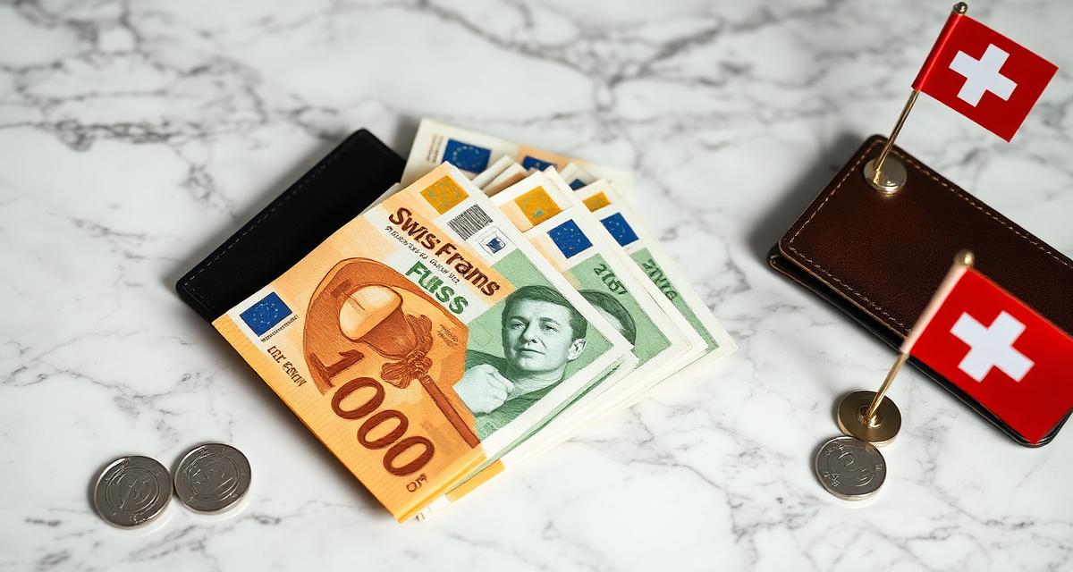 Francos suizos junto a una cartera y banderas de Suiza sobre superficie de mármol