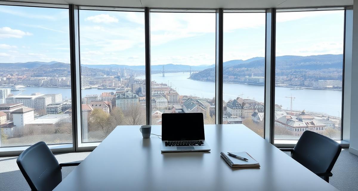Oficina corporativa moderna en Suiza con vistas al lago y la ciudad